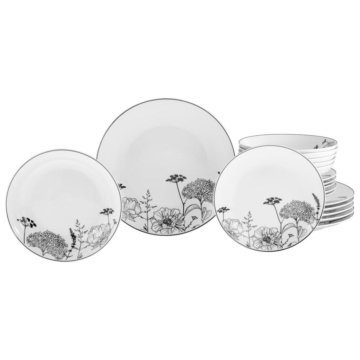 CreaTable Tafelservice Luna Black Flower weiß Porzellan 18 tlg.
