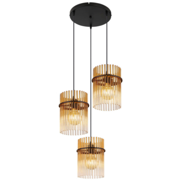 GLOBO Pendelleuchte schwarz amber Metall Glas H/D: ca. 140x47 cm E27 3 Brennstellen